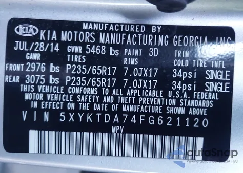 2015 Kia Sorento Lx V6 from USA, damaged, VIN 5XYKTDA74FG621120